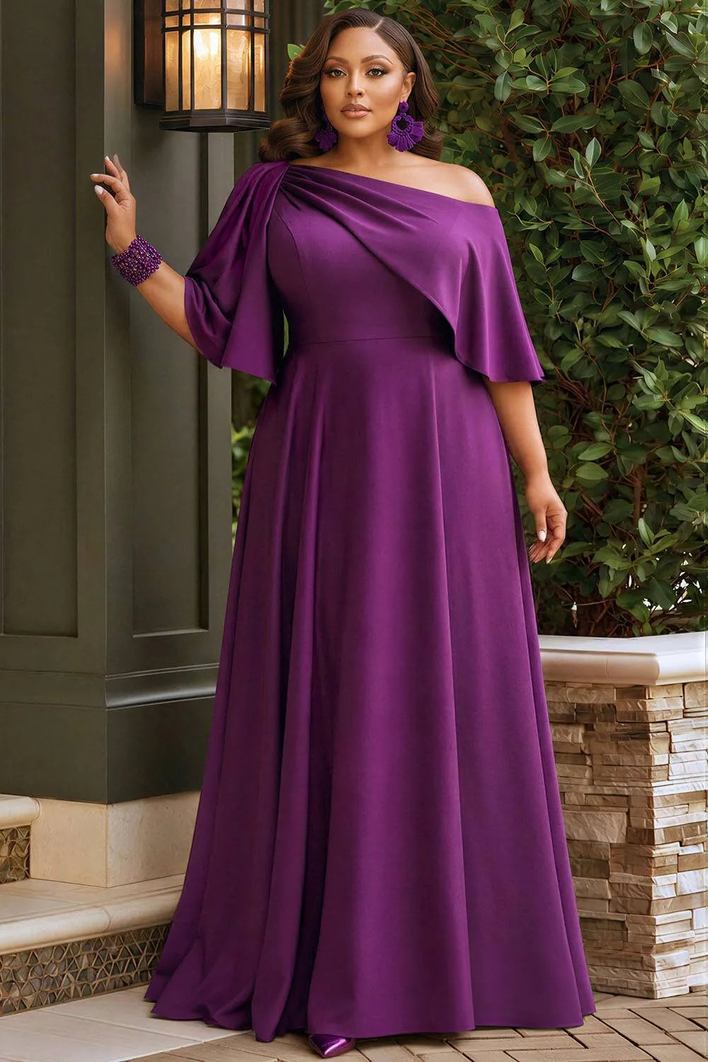 Purple Oblique Collar Half Sleeve Ruffle Maxi Dresses [Pre-Order]