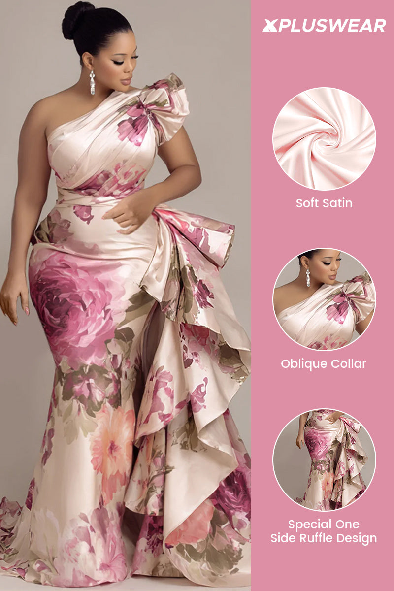 Floral One-Shoulder Ruffle Mermaid Gown –  Elegance