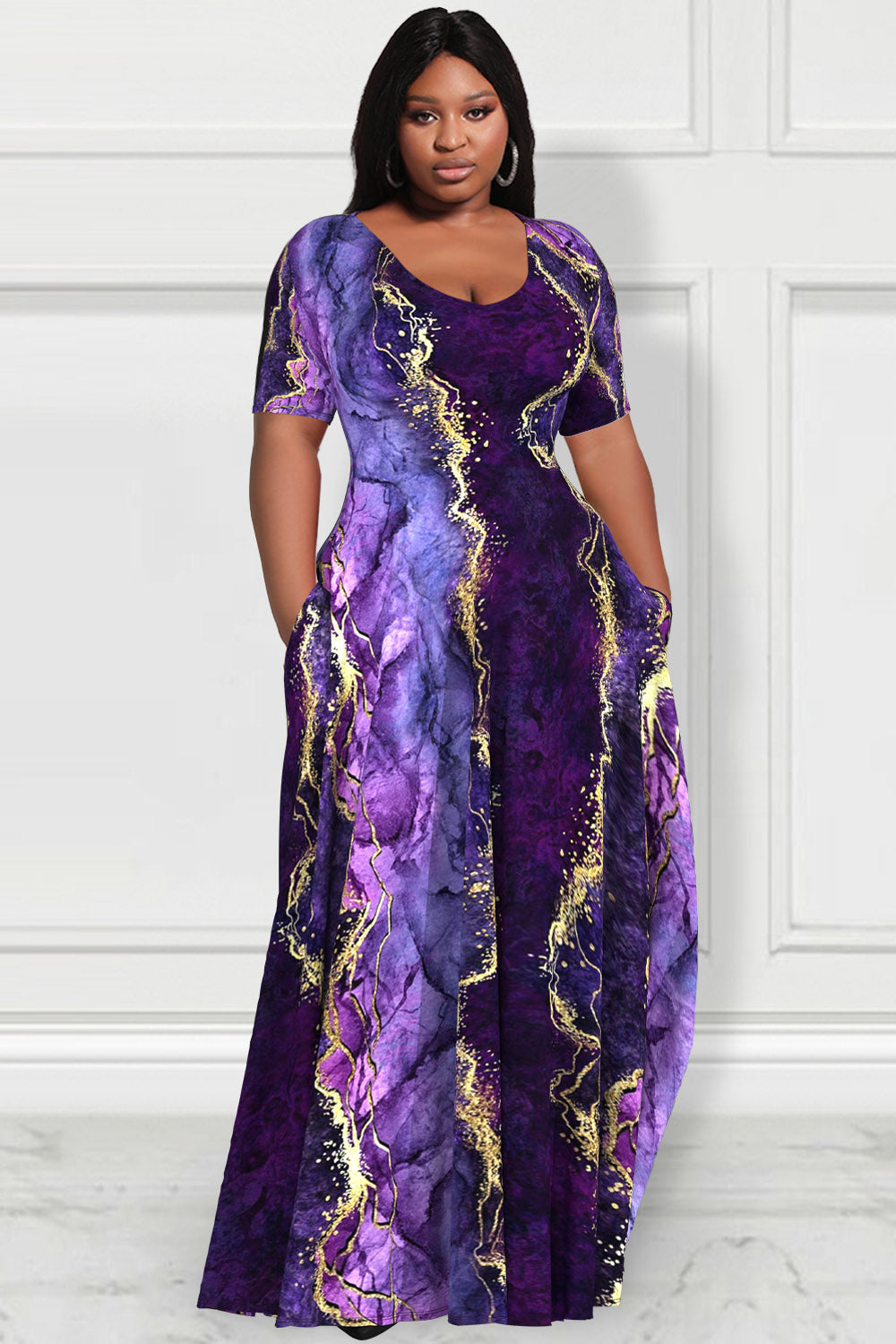 Purple Ombre Marble Texture Short Sleeve Maxi Dresses