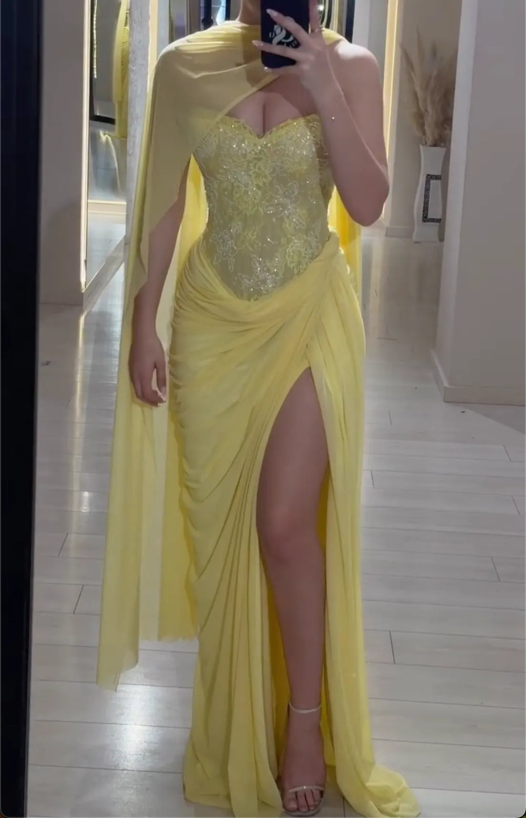 Yellow Sweetheart Neck Lace Corset Maxi Dress - High Slit with Chiffon Cape Formal Gown