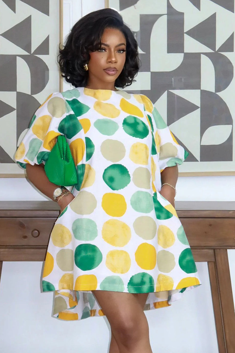 All Over Print Puff Sleeve Loose Fit Mini Dresses-Multicolor [Pre Order]