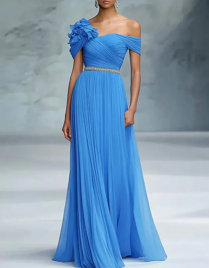 Pleated Chiffon 3d Floral Pattern Maxi Dress