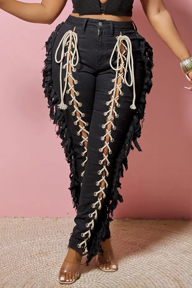 Women's Bestseller Side Fringe Lace Up Front Slim Fit Jeans