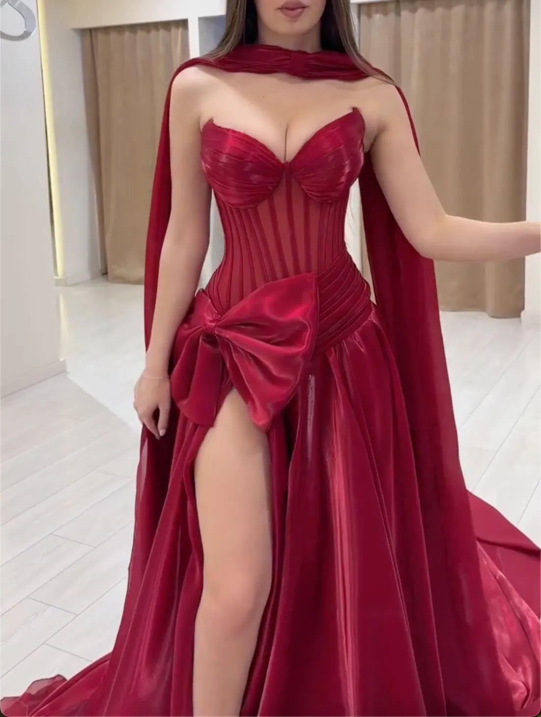Red Strapless Sweetheart Satin Maxi Evening Gown - Corset Bodice with Bow & Cape Detail