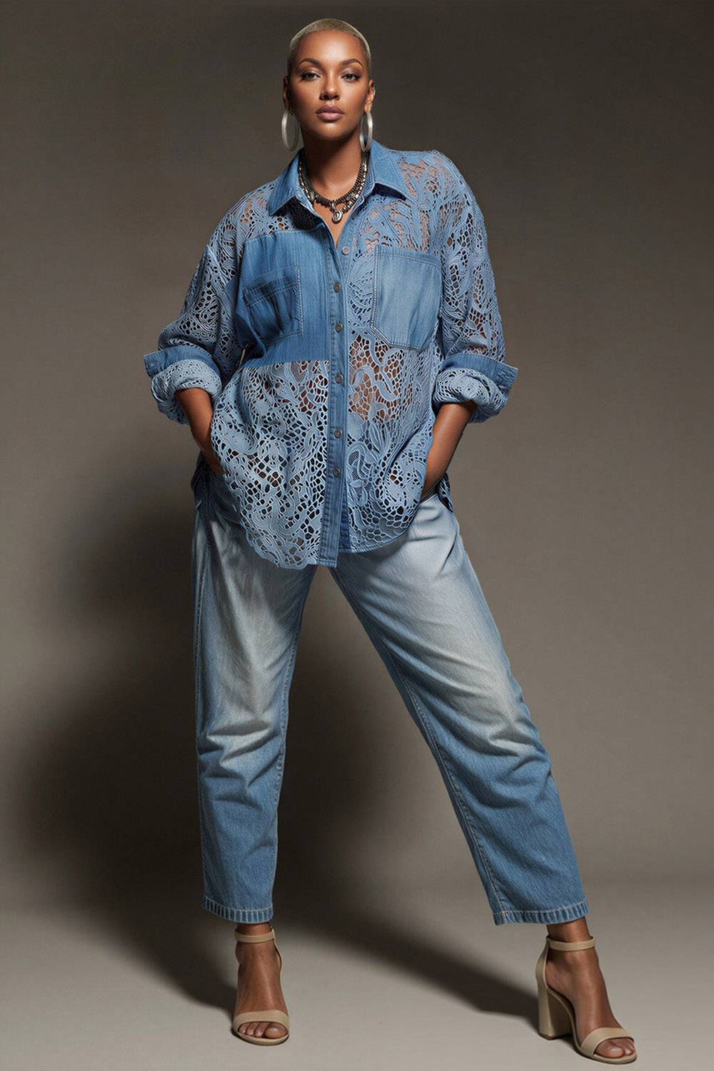 Xpluswear Design Plus Size Business Casual Lace Light Blue Shirt Collar 3/4 Sleeve Contrast Tencel Denim Blouses