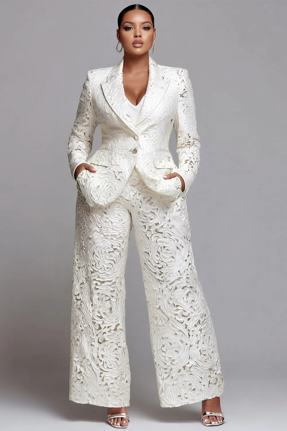 White Lapel Collar Long Sleeve Pocket Wide Leg Two Piece Pant Suits