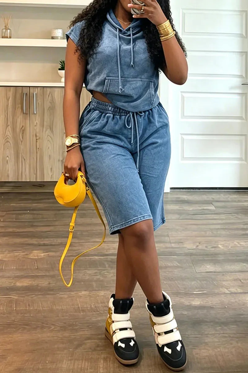 Women's Washed Denim Sleeveless Hoodie And Drawstring Waist Shorts