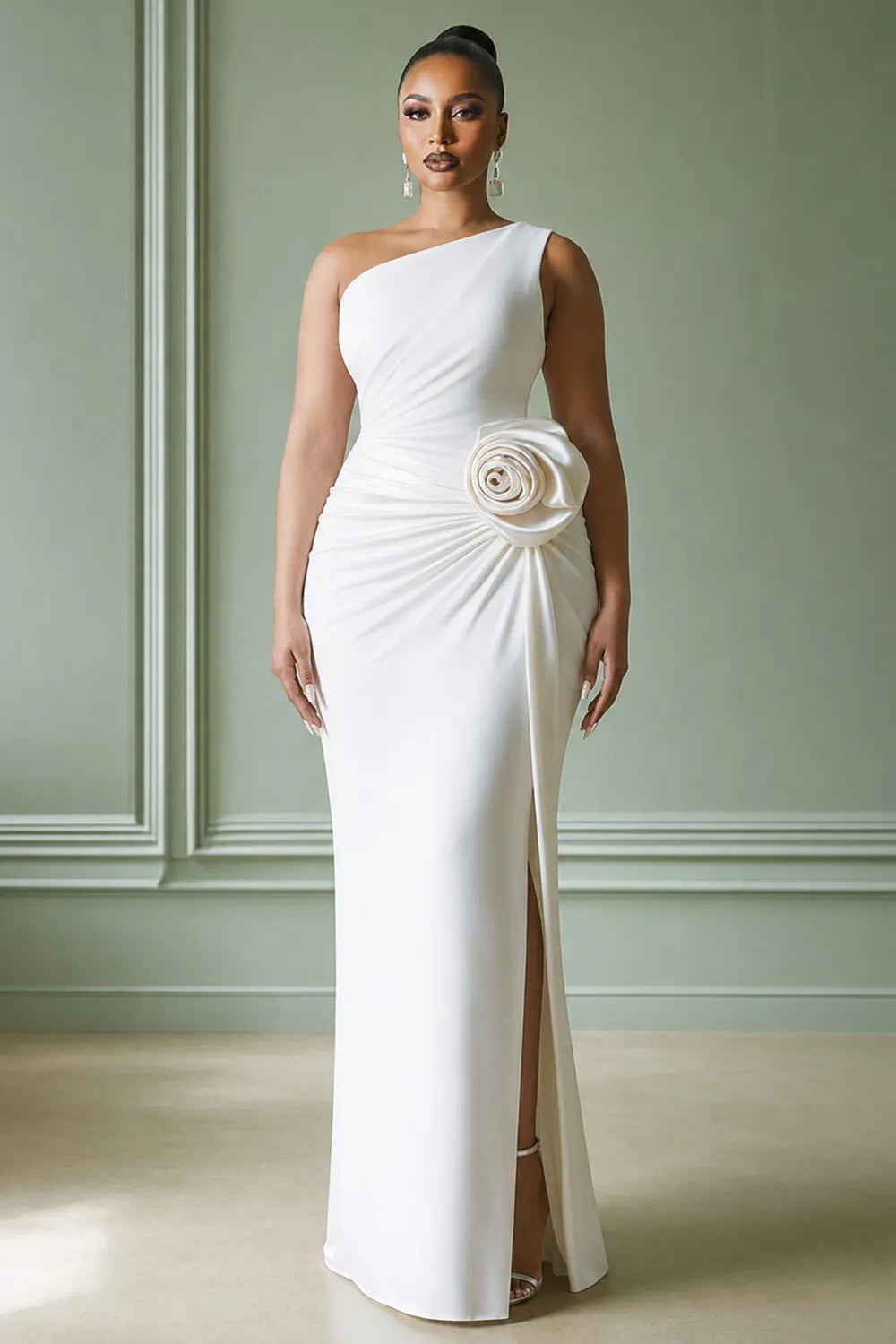 Oblique Collar Ruched 3D Floral Slit Slim Fit Maxi Dresses-White [Pre Order]