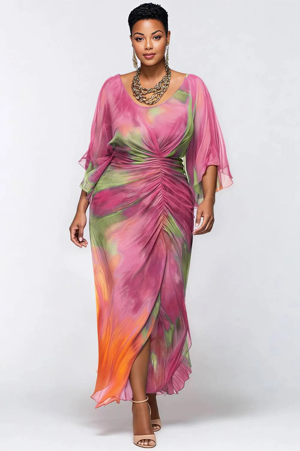 Cocktail Party Purple Tie Dye Round Neck Flare 3/4 Sleeve Ruched Chiffon Maxi Dresses
