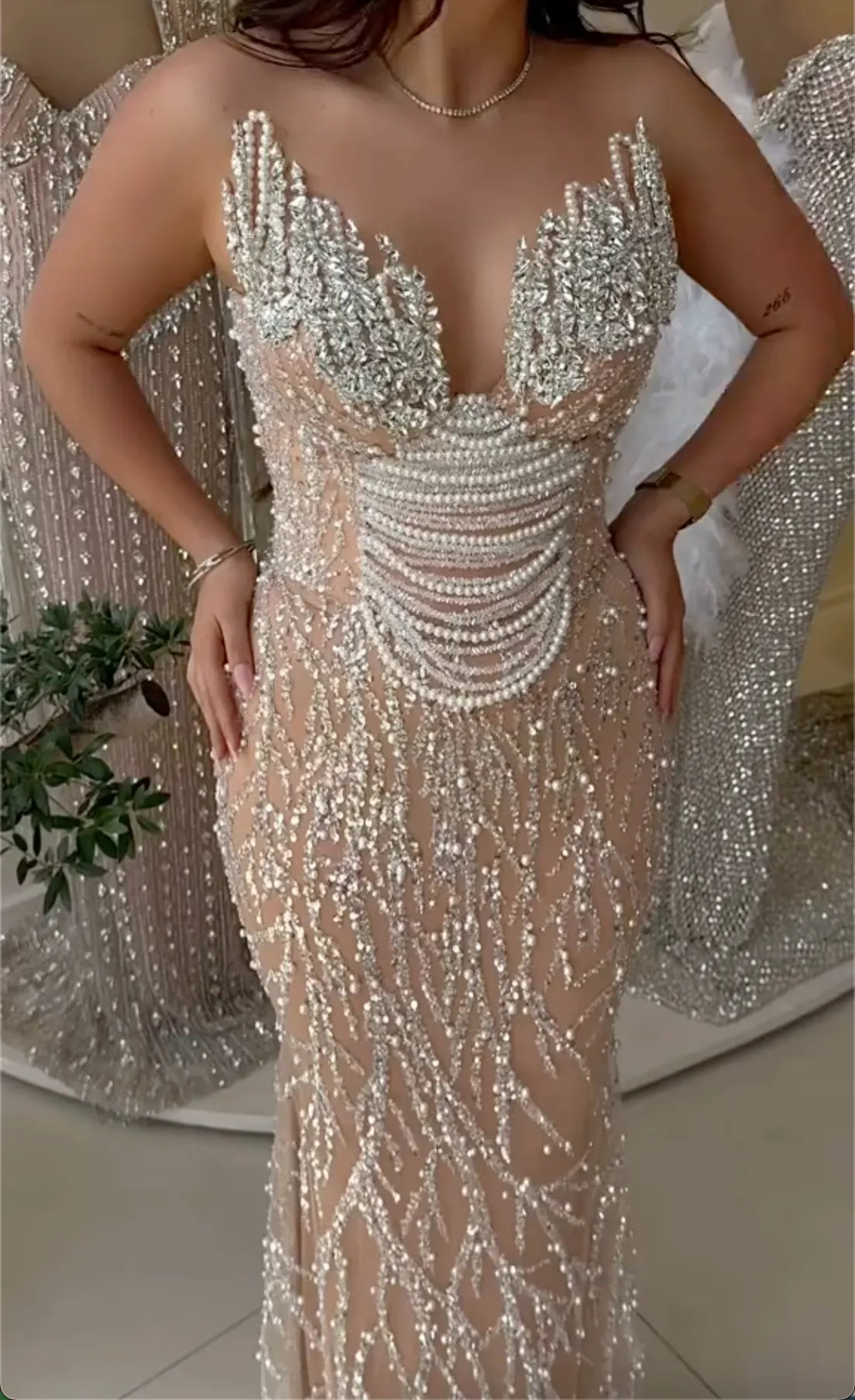 Nude Sheer Mesh Mermaid Evening Gown - Crystal & Pearl Embellished Formal Dress