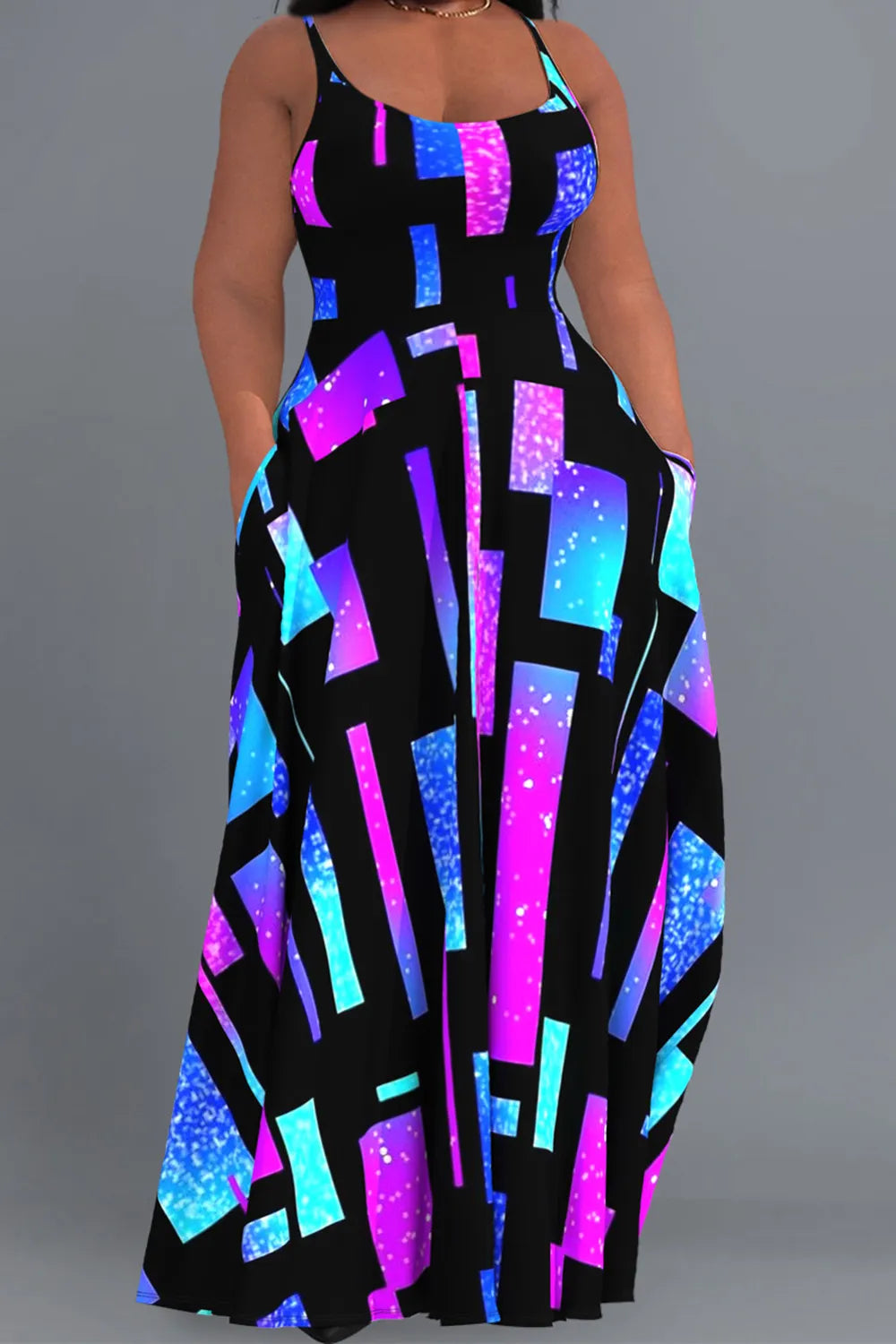 Casual Sundress Multicolor Geometric Print With Pockets Maxi Dress