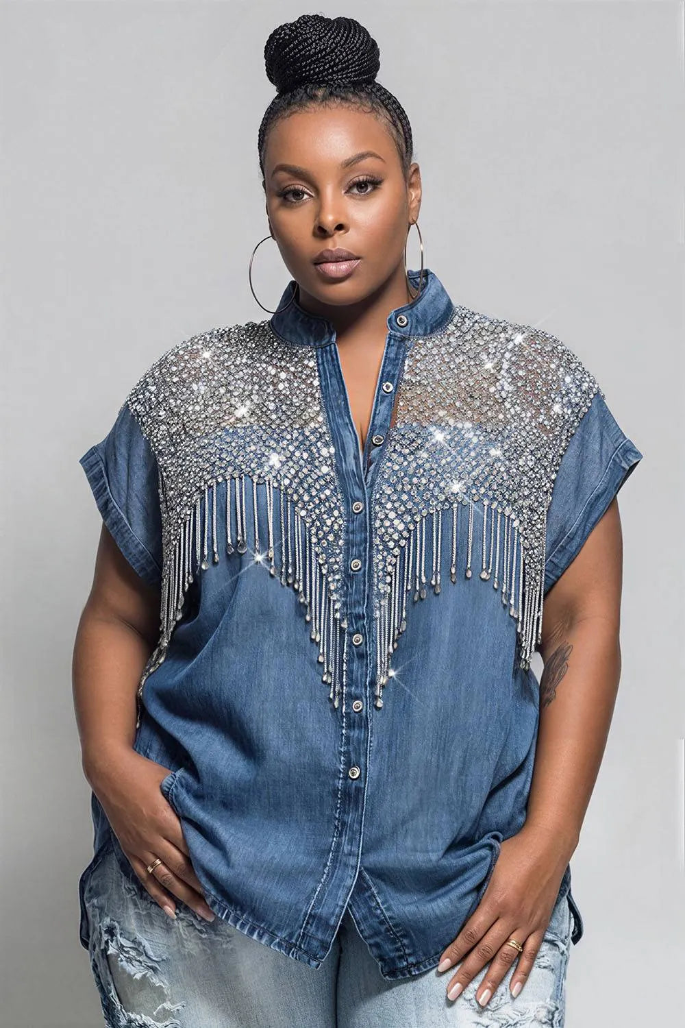 Xpluswear Design Plus Size Business Casual Sequin Blue Shirt Collar Short Sleeve Strappy See Through Tencel Denim Blouses [Pre-Order]