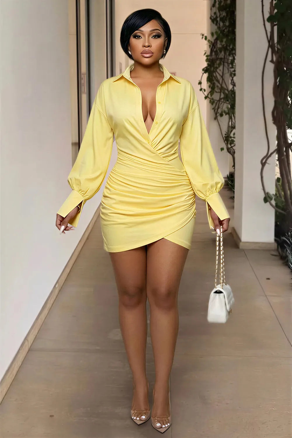 Ruched V Neck Lantern Sleeve Bodycon Casual Mini Dresses-Yellow [Pre Order]