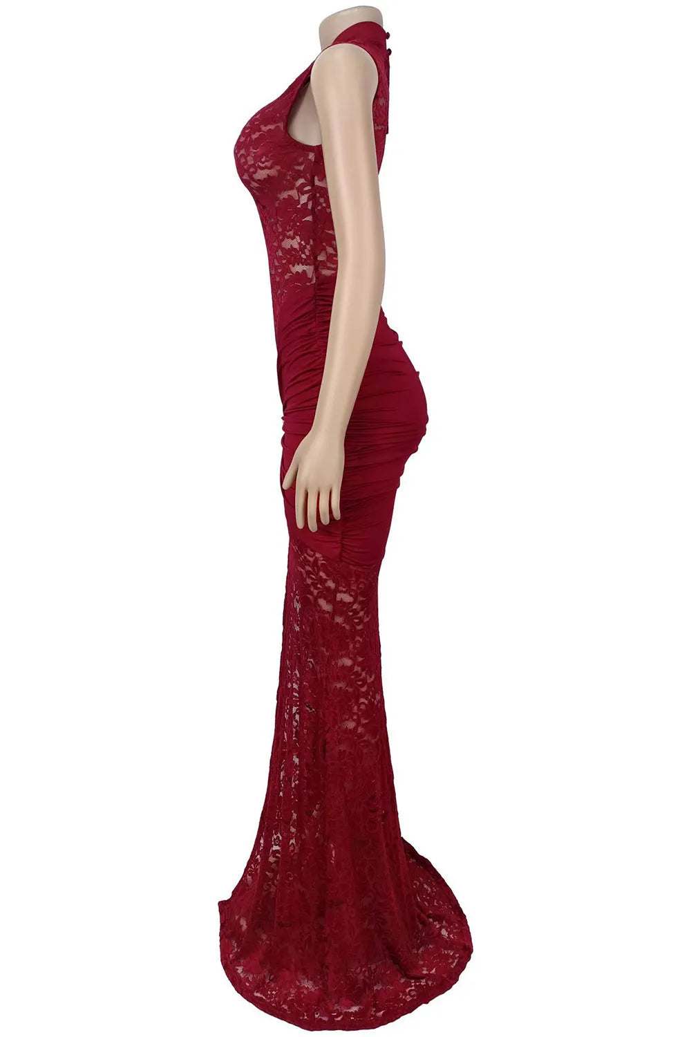 Lace Sleeveless Chest Cut Out Slit Slim Evening Gowns Maxi Dresses-Burgundy
