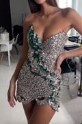 Silver & Emerald Crystal Embellished Strapless Mini Dress