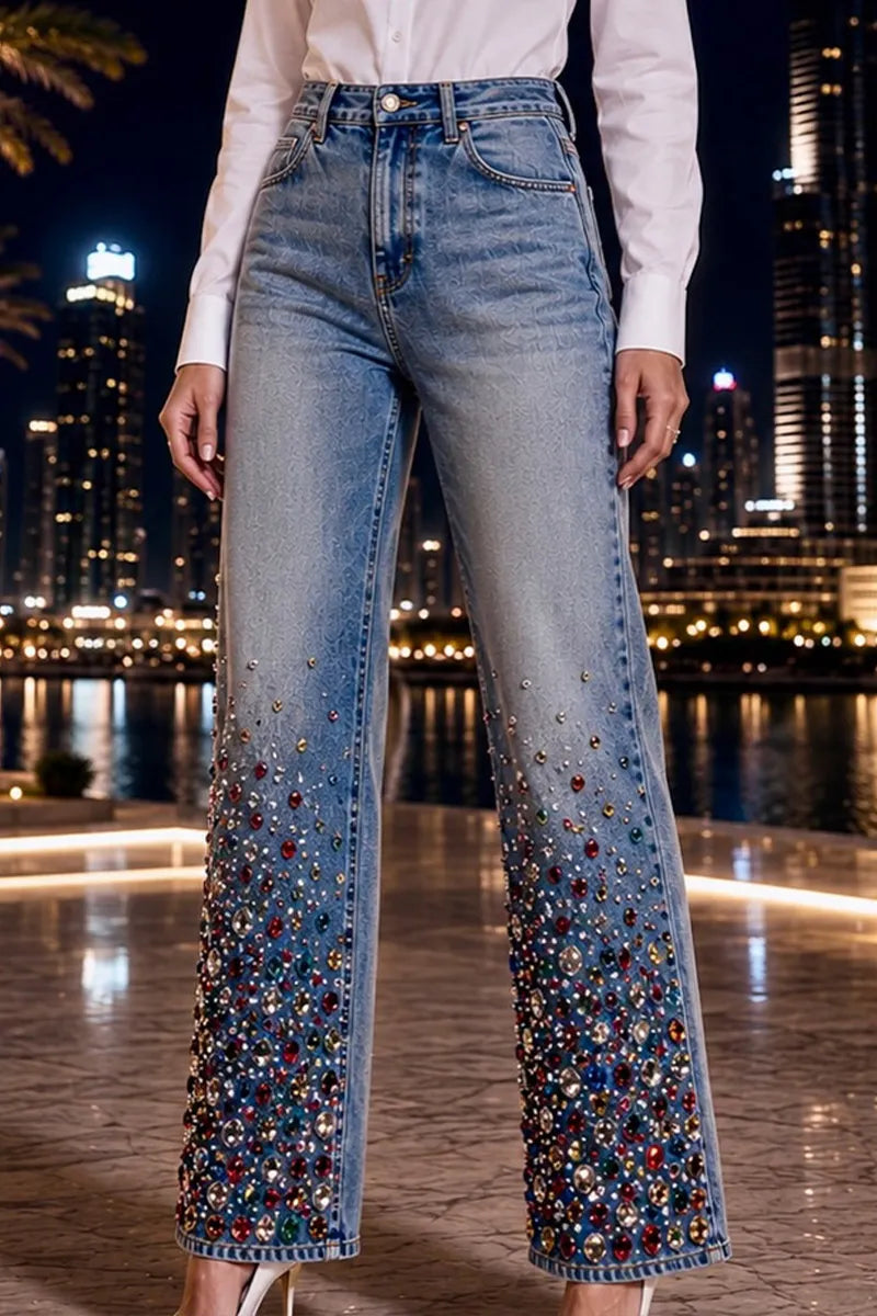 Women Light Blue Washed High Waist Wide Leg Ombre Rainbow Rhinestone Hem Jeans