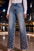 Women Light Blue Washed High Waist Wide Leg Ombre Rainbow Rhinestone Hem Jeans