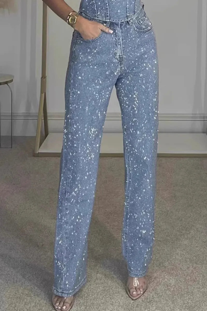 Ladies' Sexy Off Shoulder Sparkling Rhinestone Denim Top & Jeans