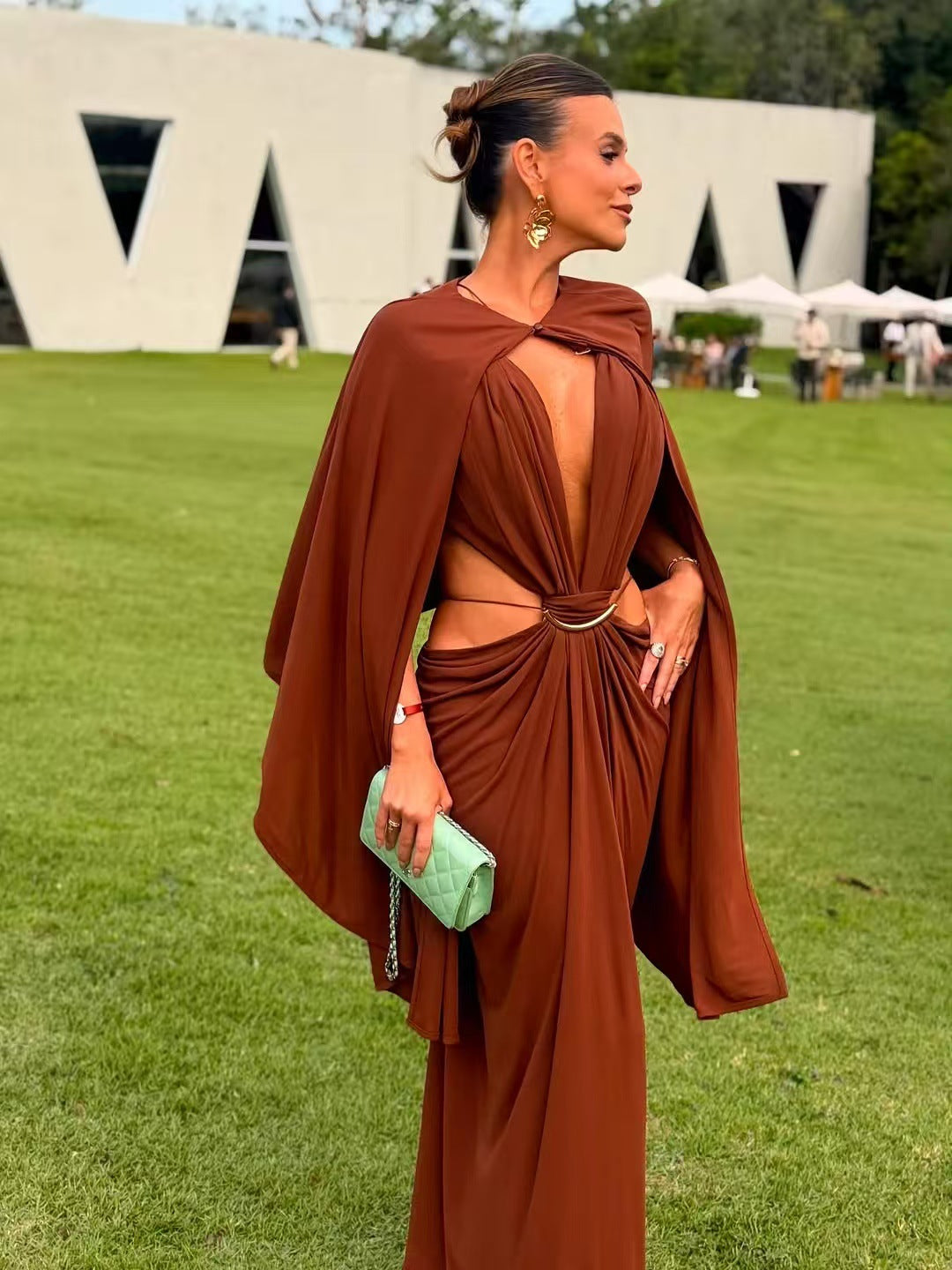 Glamorous Gold Ring Draped Cut-Out Resort Maxi Dress
