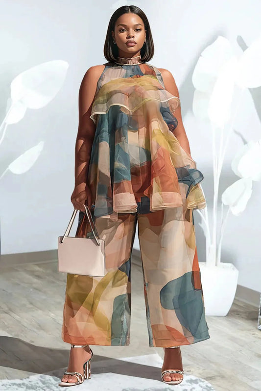 Vacation Elegant Multicolor All Over Print Halter Collar Ruffle Pocket Chiffon Two Piece Pant Sets