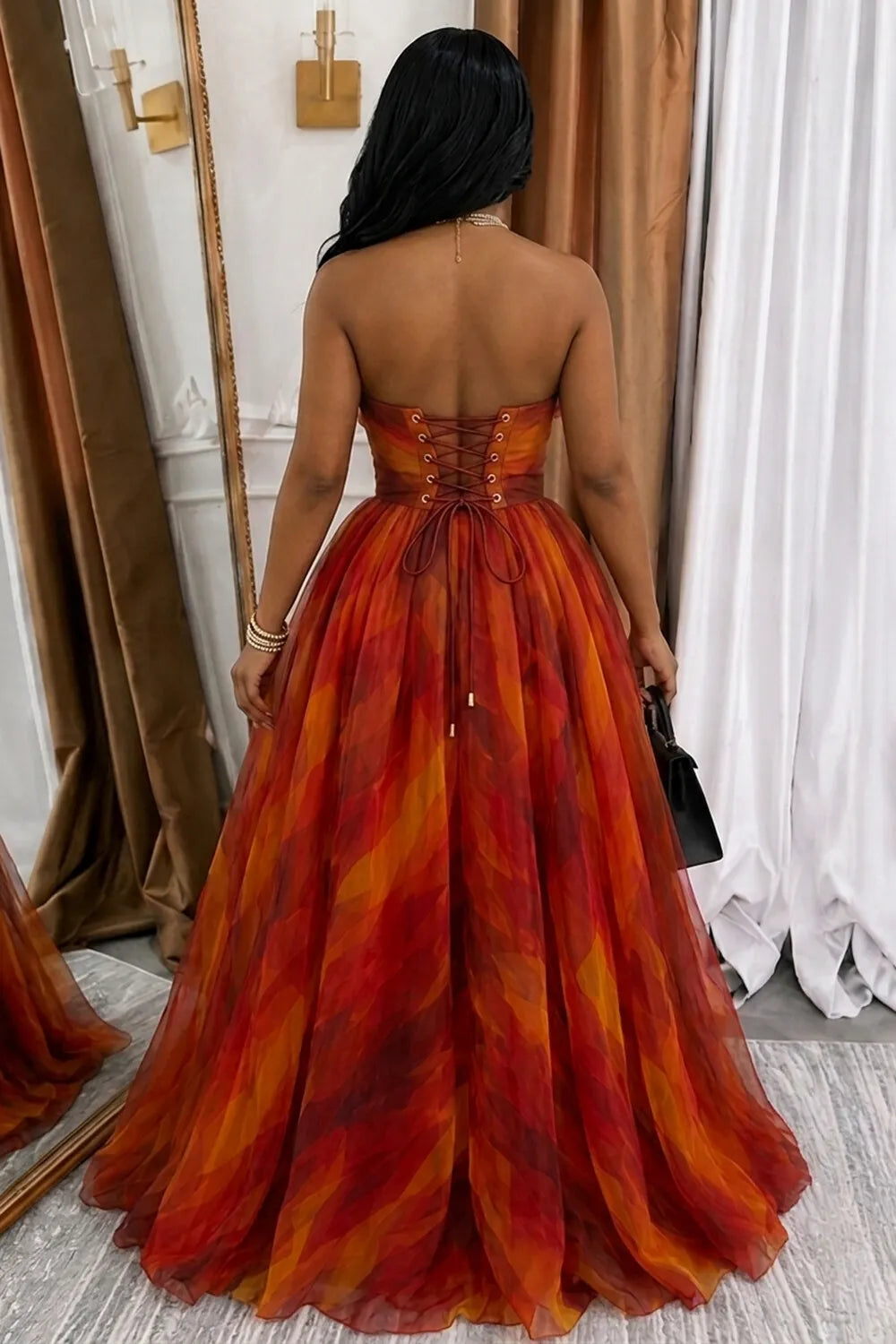 Ombre 3D Floral Strapless Cinch Waist A-Line Maxi Dresses-Orange [Pre Order]