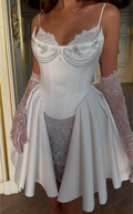 White Spaghetti Strap Corset Mini Dress with Pearl & Crystal Embellishments