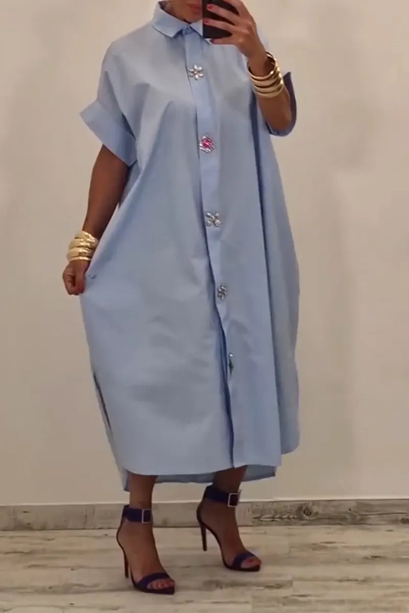 Women's Casual Rhinestone Button Decorative Loose Shirt Dress