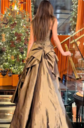 Bronze Taffeta Strapless Corset Dress with Dramatic Draped High-Low Skirt
