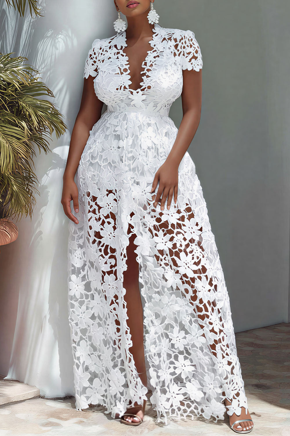 Vacation White V Neck Short Sleeve Split See Through Maxi Dresses