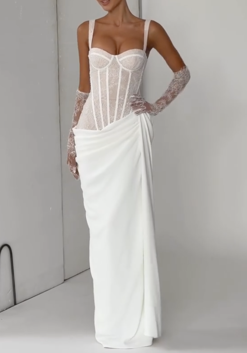 White Lace Corset Bustier Ruched Skirt Mermaid Maxi Wedding Dress With Matching Lace Gloves