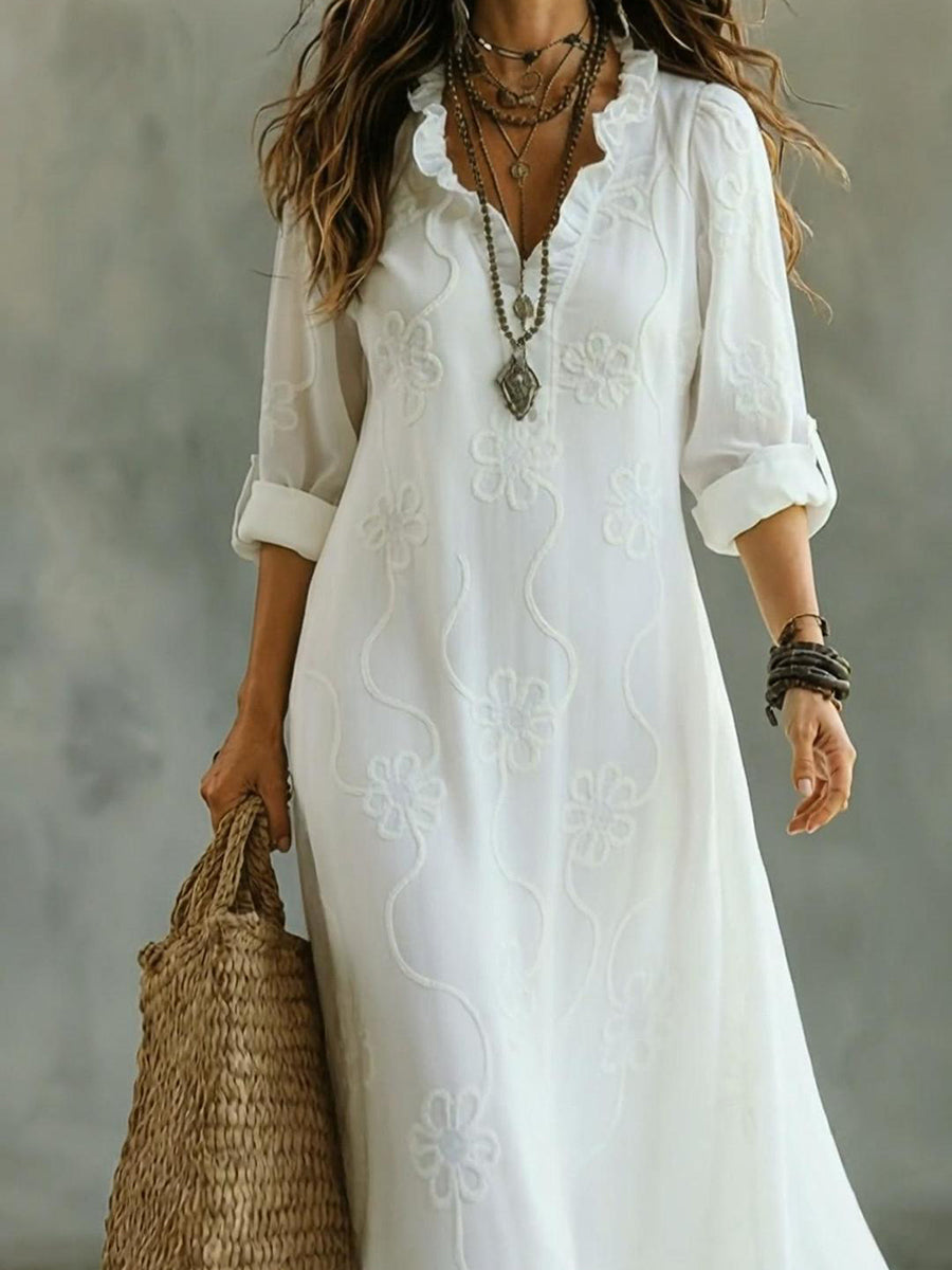 Embroidered V Neck Maxi Dress Casual Fit
