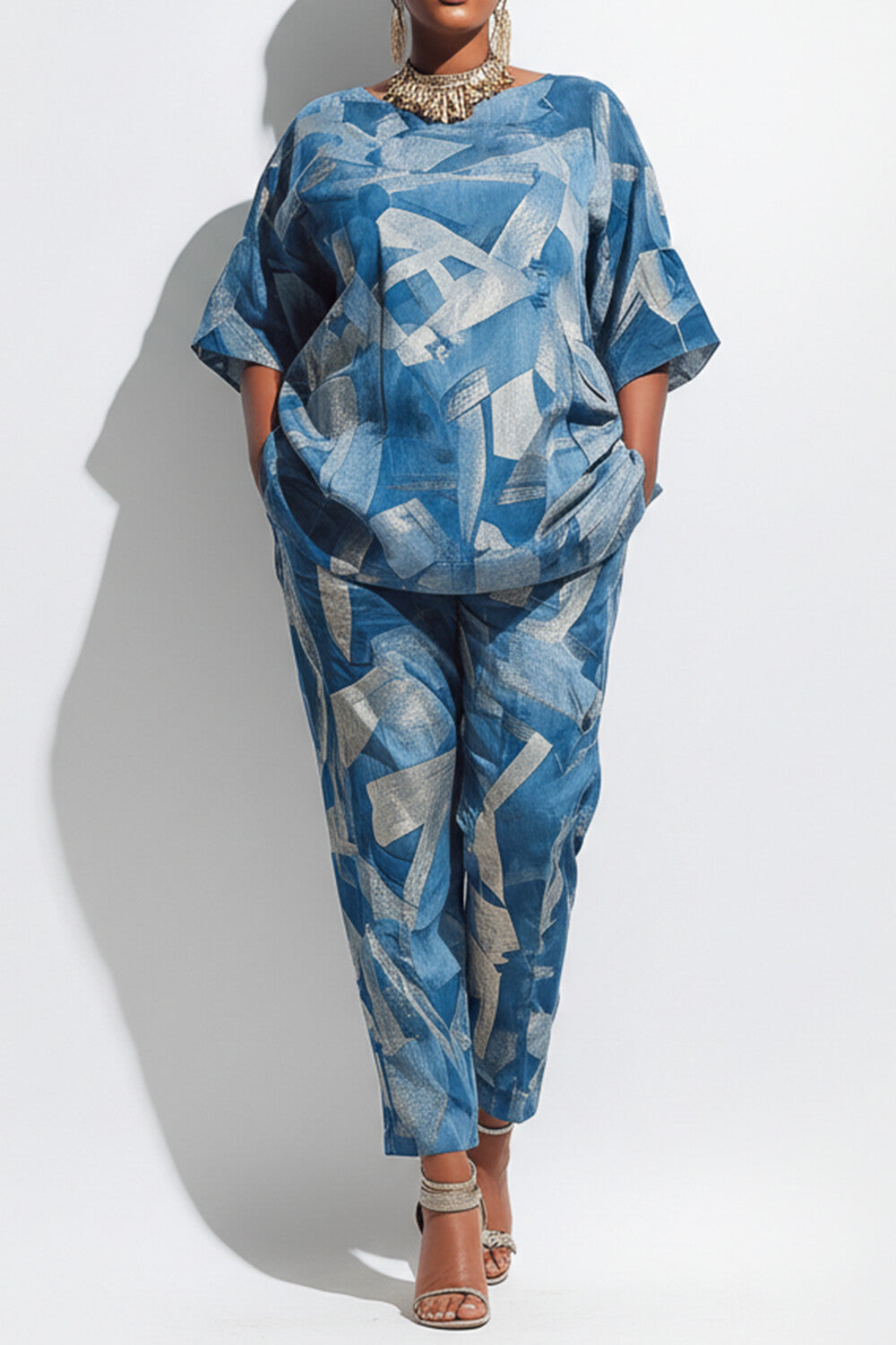 Xpluswear Design Plus Size Daily Blue Denim Print Round Neck Short Sleeve Pocket Two Piece Pant Sets