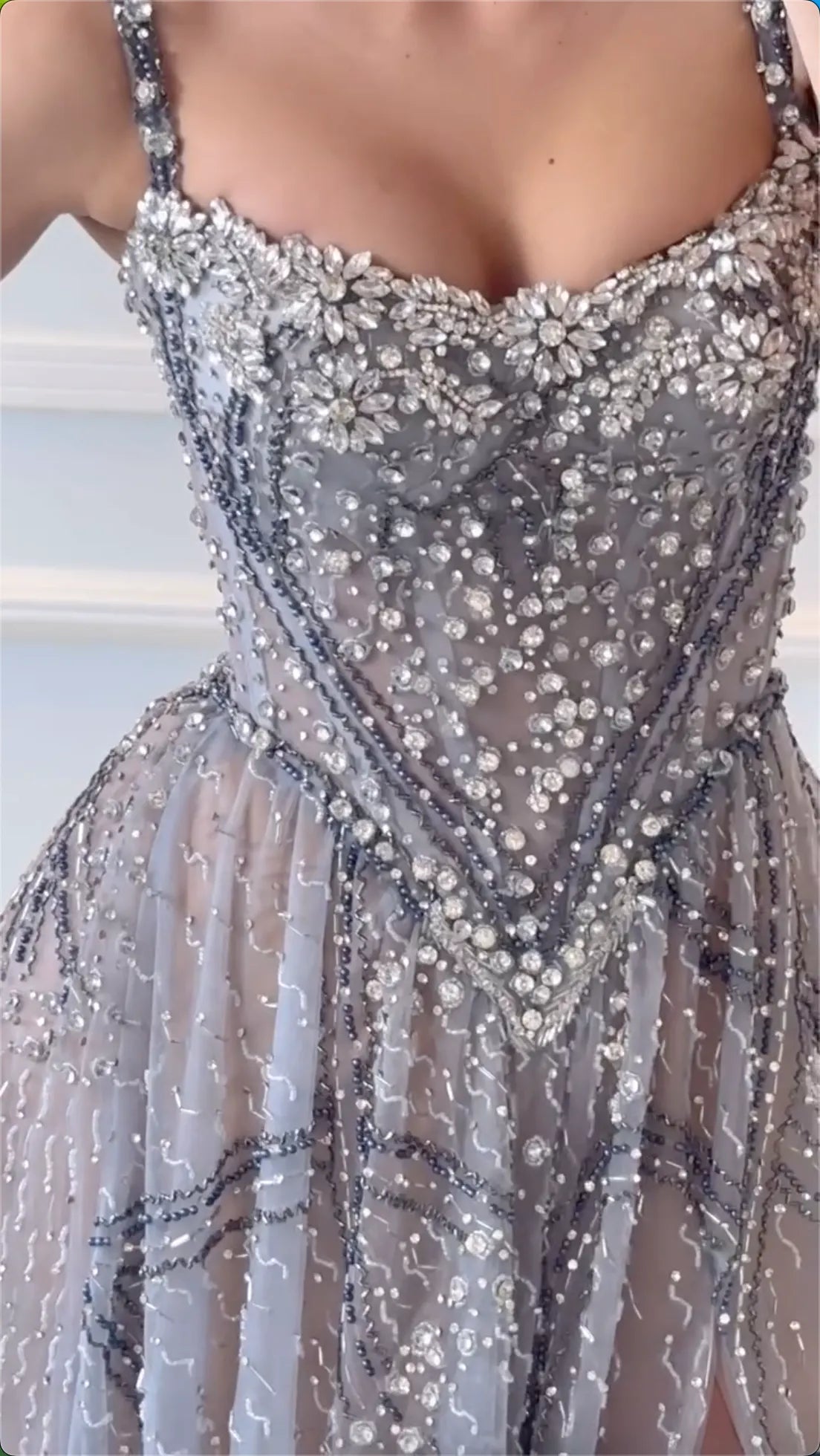 Multi-Color Floral Crystal Beaded Spaghetti Strap High Split Tulle Maxi Evening Dress, Formal Prom Pageant Gown