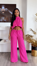 Hot Pink Striped Halter Top & Wide‑Leg Pants Set