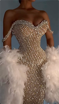 Glamorous Silver Strapless Crystal Feather Mermaid Maxi Dress