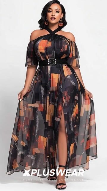Vacation Black Graphic Halter Collar Cold Shoulder Short Sleeve Split Cut Out Maxi Dresses