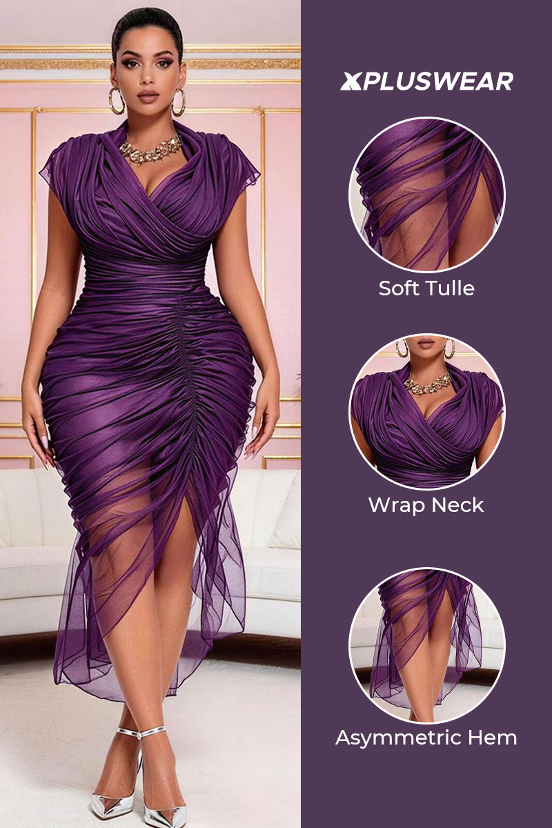 Cocktail Party Elegant Purple Wrap Neck Short Sleeve Fold Asymmetric Hem Tulle Midi Dresses [Pre-Order]