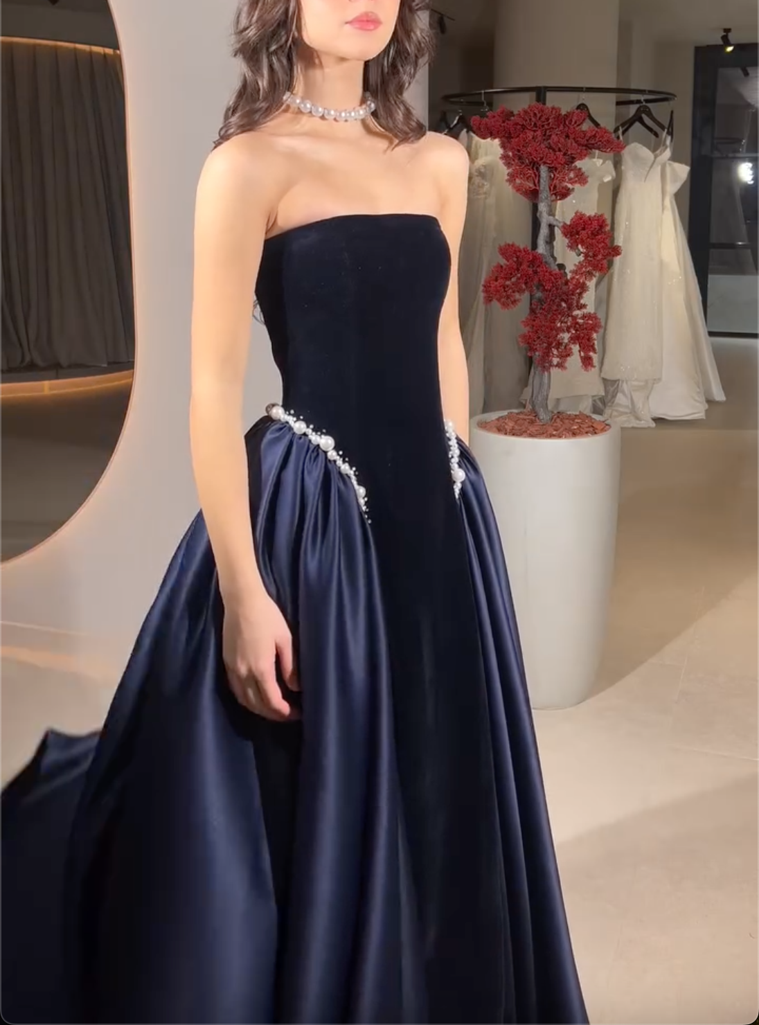 Burgundy/Navy Blue Strapless Velvet Maxi Dress with Satin Skirt & Pearl Trim
