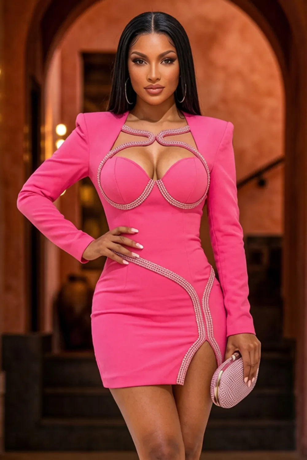 Long Sleeve Shoulder Pad Rhinestone Bodycon Mini Dresses-Fuchsia [Pre Order]