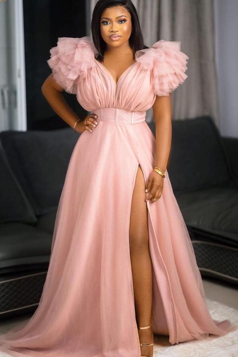 Pink Split Joint V Neck Tulle Ruffle Trailing Maxi Dress