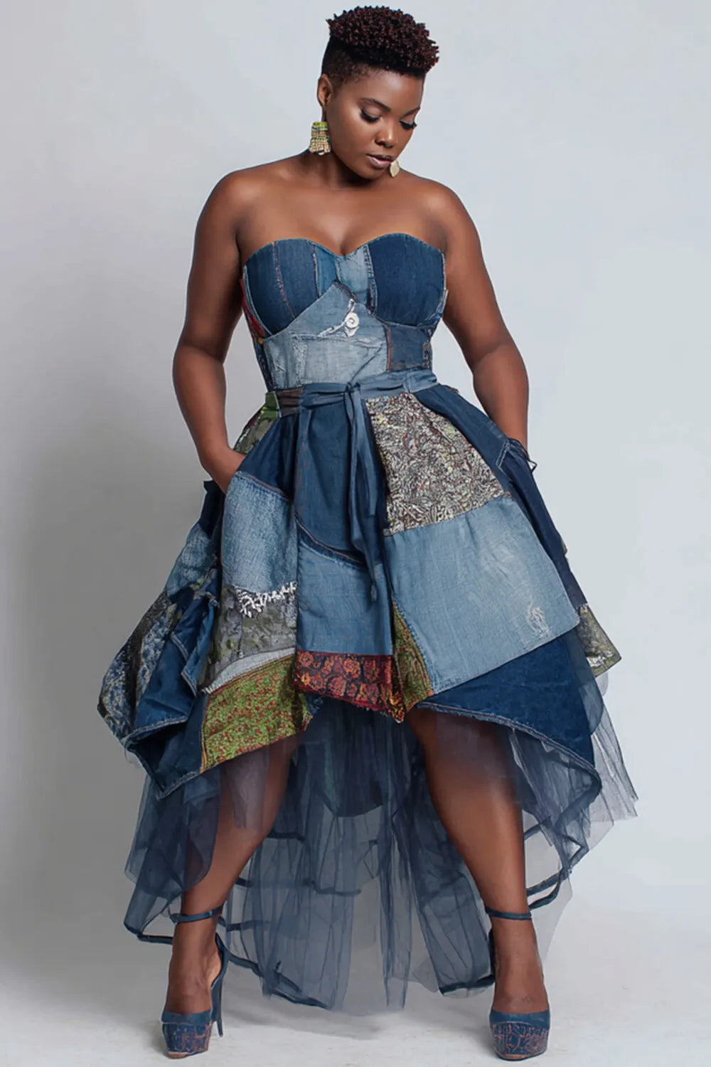 Party Blue All Over Print Pocket High Low Hem Tulle Midi Dresses