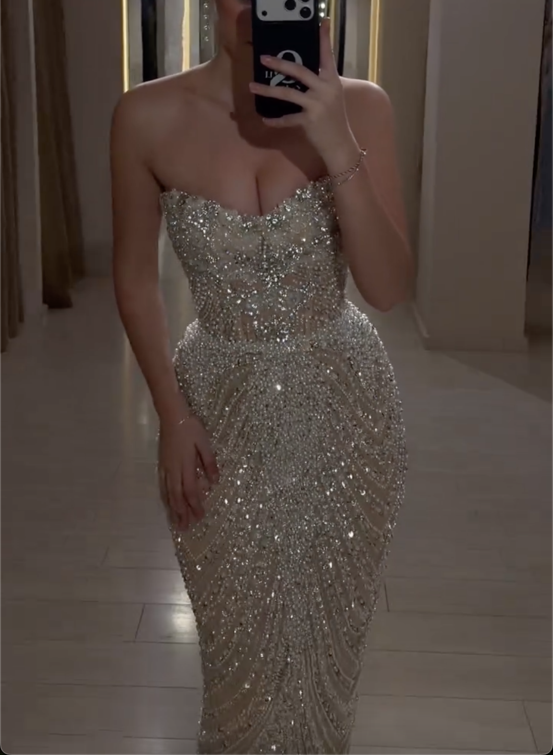 Champagne Strapless Beaded Mermaid Gown with Geometric Crystal Patterns