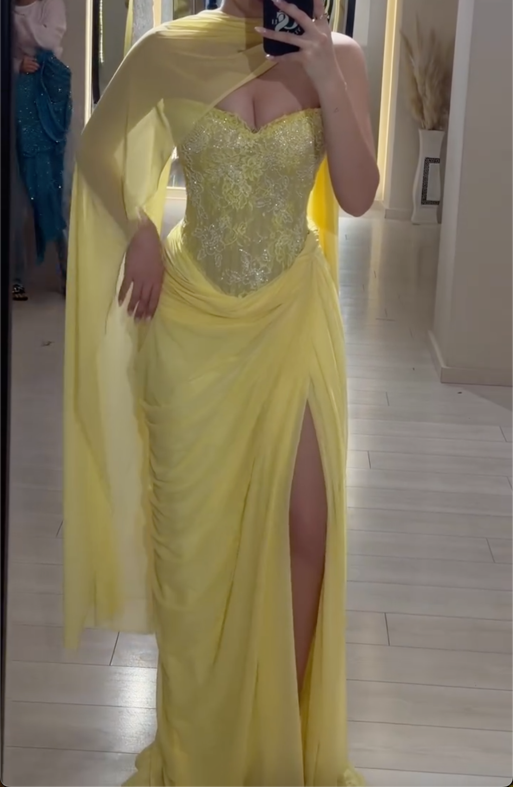 Yellow Sweetheart Neck Lace Corset Maxi Dress - High Slit with Chiffon Cape Formal Gown