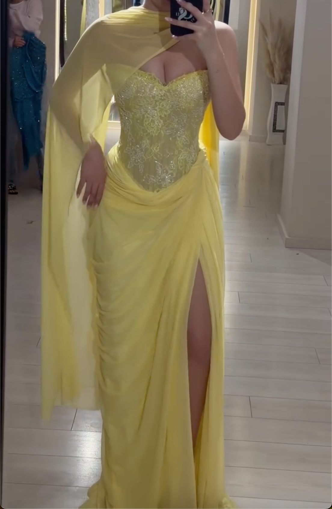 Yellow Sweetheart Neck Lace Corset Maxi Dress - High Slit with Chiffon Cape Formal Gown