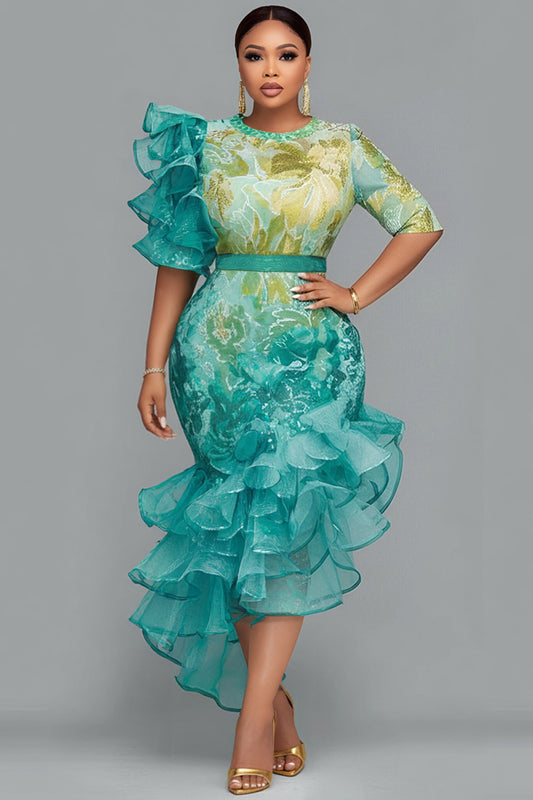 Cocktail Party Green All Over Print Round Neck Half Sleeve Ruffle Asymmetric Hem Irregular Hem Midi Dresses