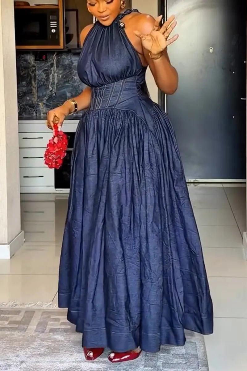 Women‘s Elegant Waist-Defined Denim Dress