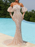 Champagne Nude Sequin Embellished Off-the-Shoulder Puff Sleeve Mermaid Maxi Dress