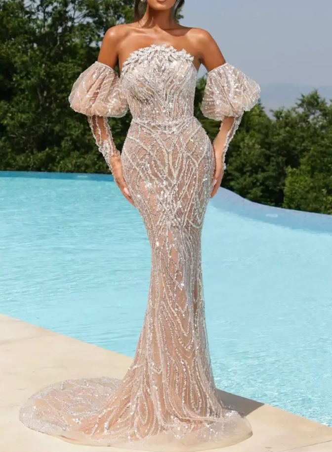 Champagne Nude Sequin Embellished Off-the-Shoulder Puff Sleeve Mermaid Maxi Dress