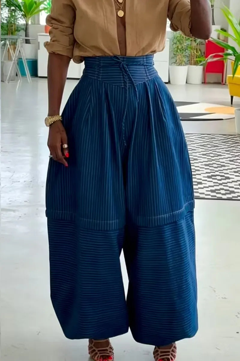Women's Wide-Leg Pinstripe Trousers with Tiered Voluminous Silhouette