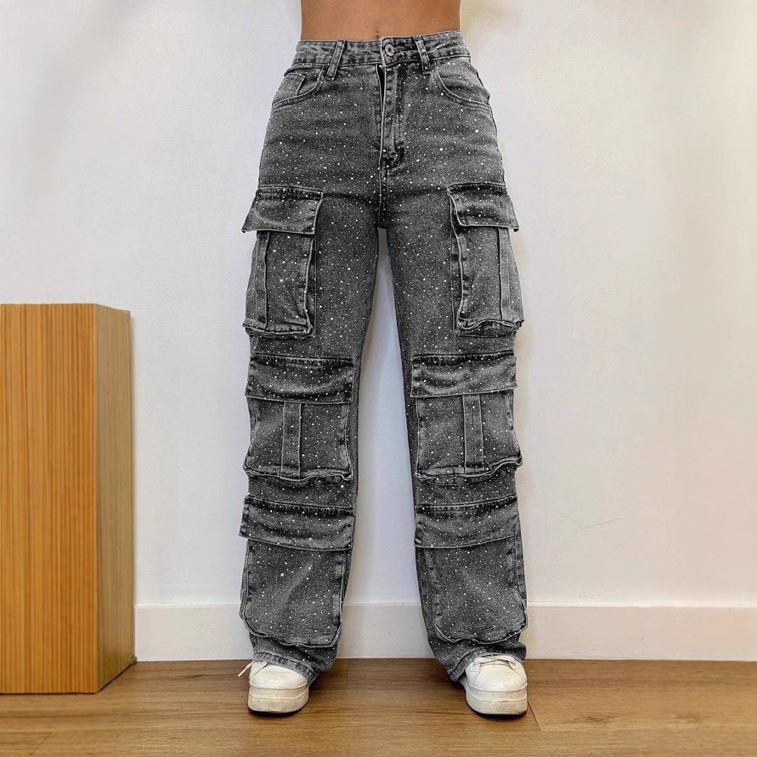 Women's Rhinestone Multi-pocket Work Jeans
